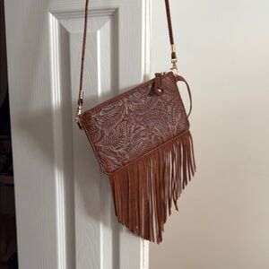 Free People Brown Leather Fringe Clutch